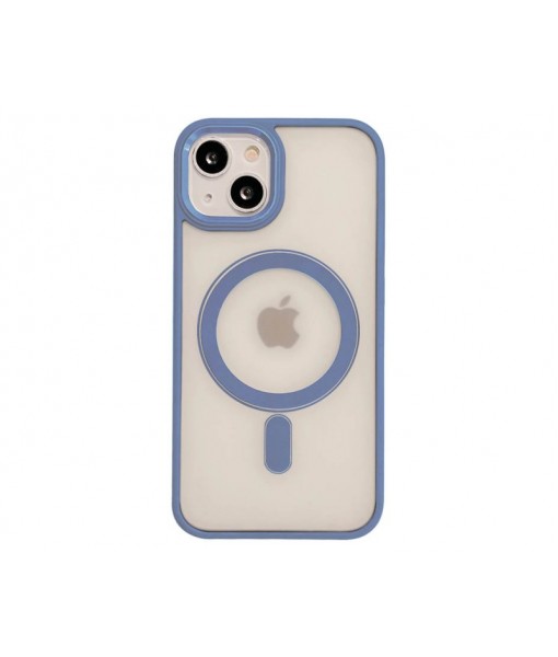 Husa iPhone 13, Premium MagSafe, Butoane Metalice, Spate Transparent, Rama Albastru Deschis